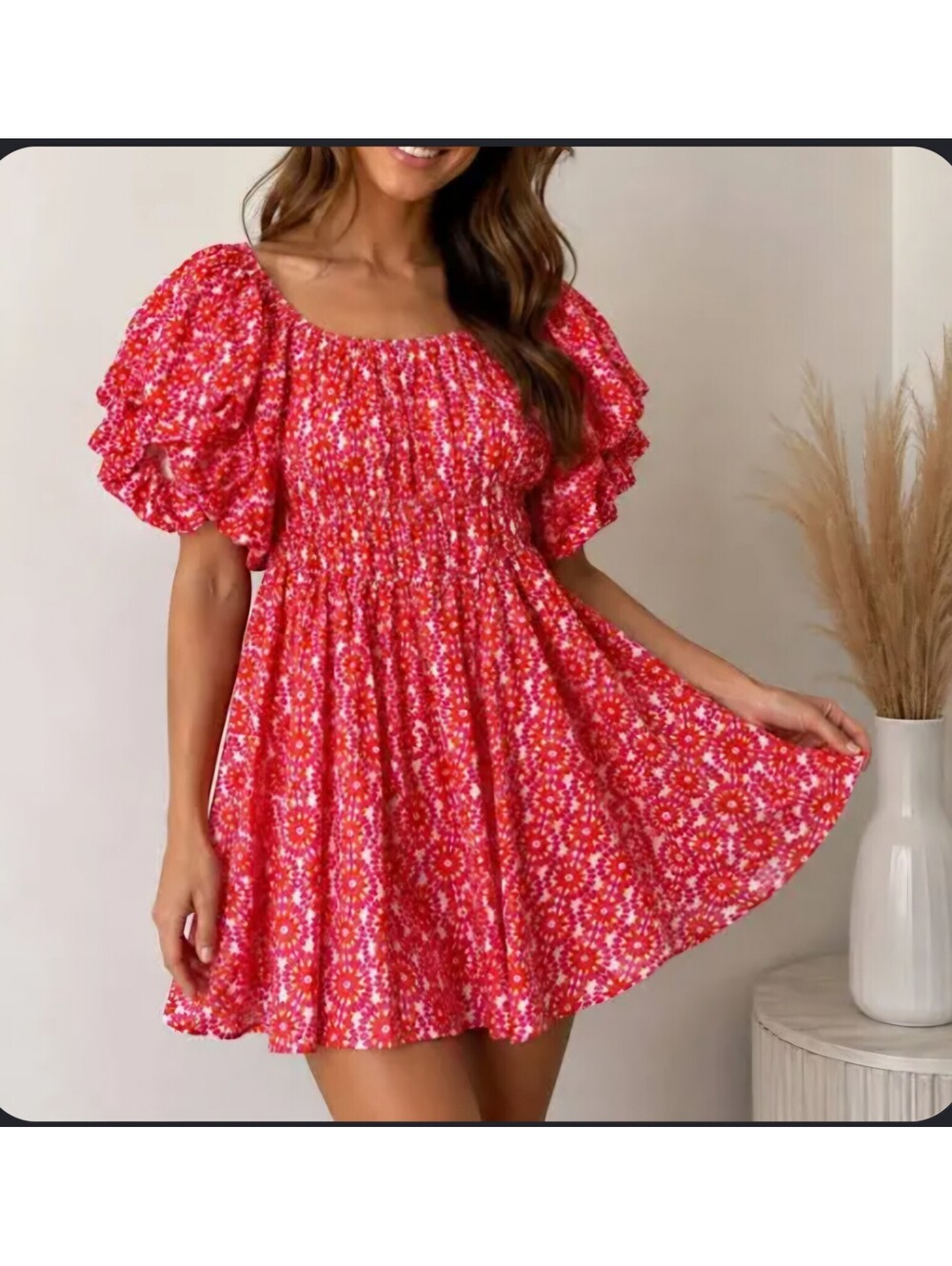 NWT Aleeza Paris Pink & Red Geometric Floral Smocked Puff Sleeve Mini